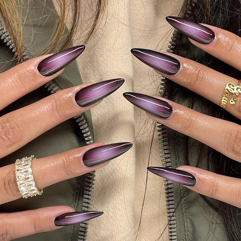 SINHOT Press on Nails Long Stiletto Fake Nails Glossy Glue on Nails Goth Black Acrylic Nail Sharp Almond Artificial Nail Purple Ombre Aura Stick on False Nail with Design 24 pcs - Image 1